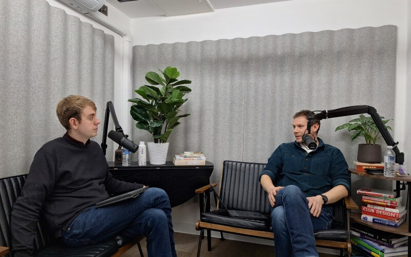 Daniel Rignall being interviewed by Chris Barker in a recording studio