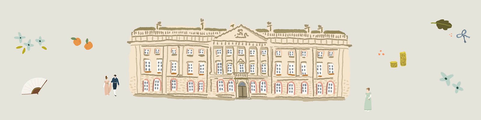 A cartoon image of the Royal Mint building on Tower Hill. A white stone building with columns, lots of windows and a grand entrance
