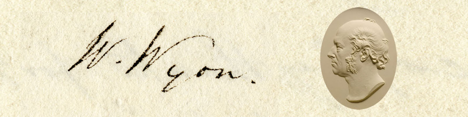 An image of William Wyon's signature alongside a plaster model of Wyon
