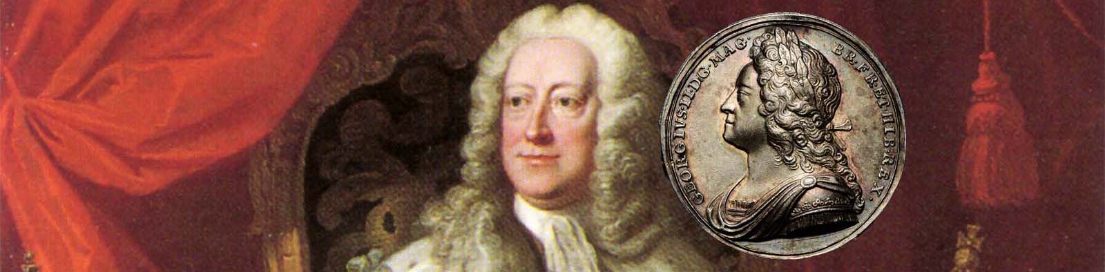 A close up portrait of George II with his coronation medal Photoshopped next to him
