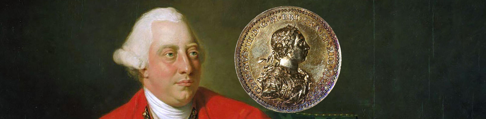 A close up portrait of the face of George III with his coronation medal Photoshopped next to him