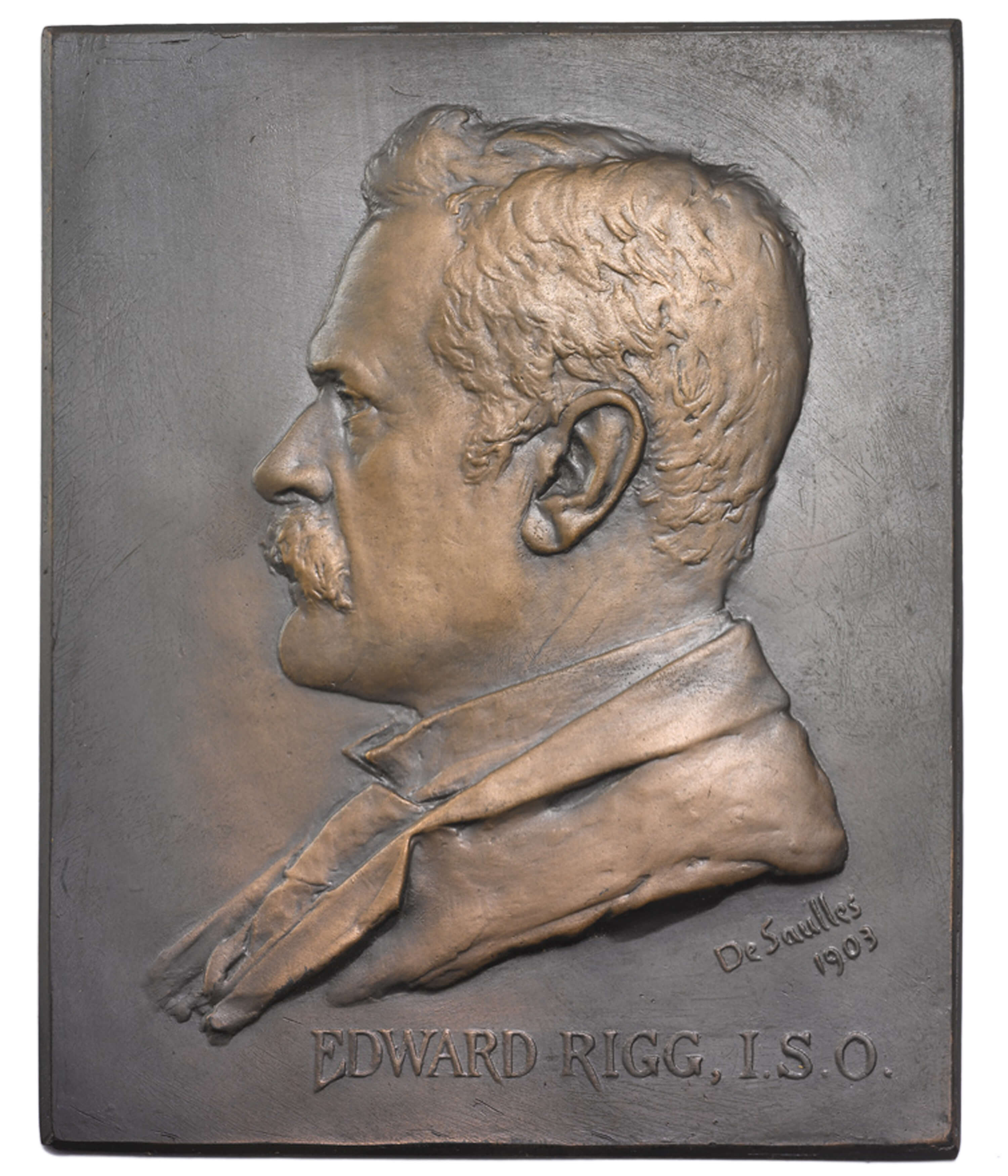 Bronze plaque with a portrait of a middle aged white man with a large moustache facing left