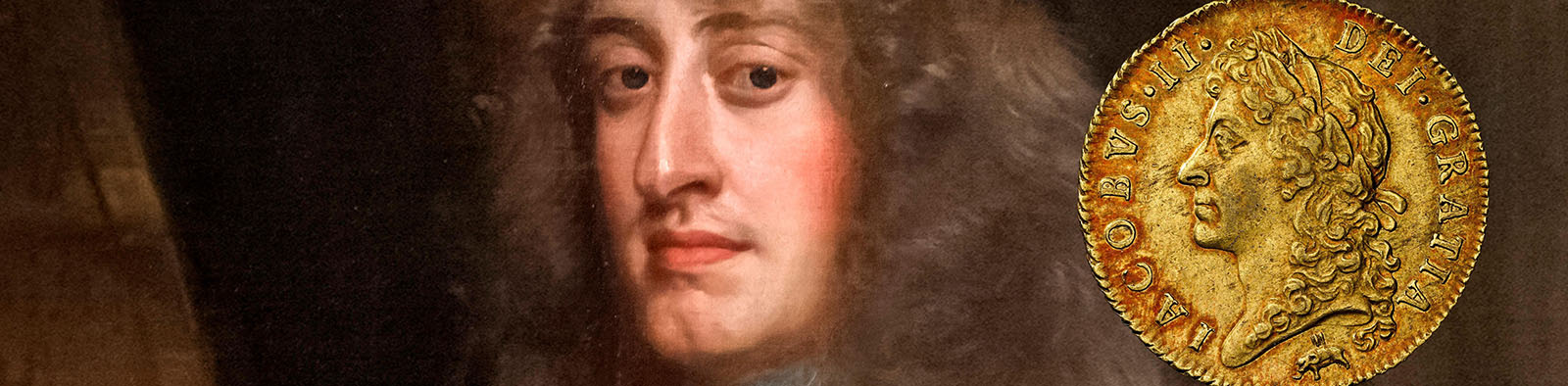 A close up section of a portrait of James II focusing on his face with his coronation medal overlayed next to him.
