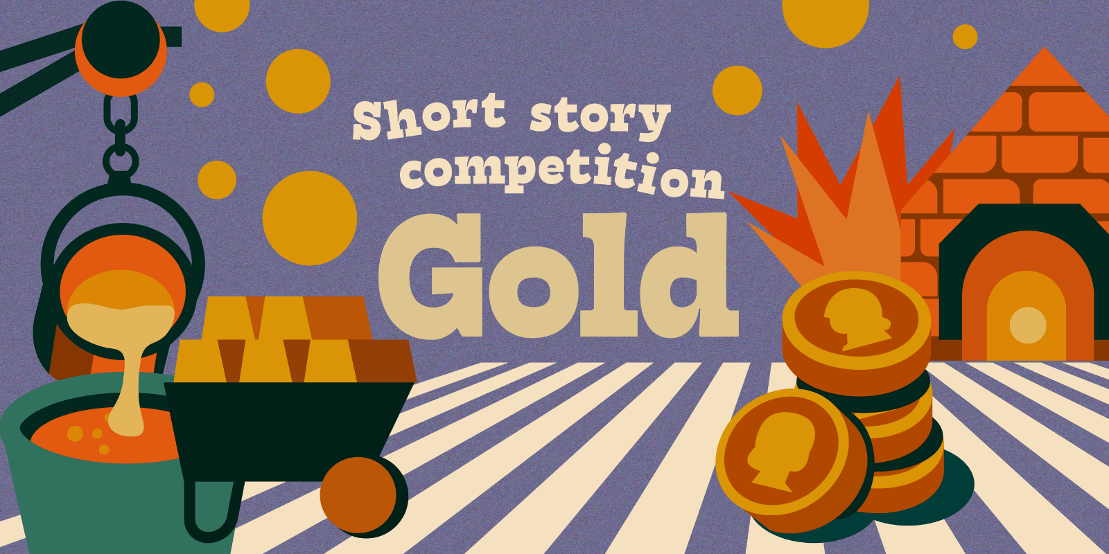 Graphic design to represent the gold theme for the Royal Mint Museum Short Story competition featuring melted gold being poured into crucibles and gold coins