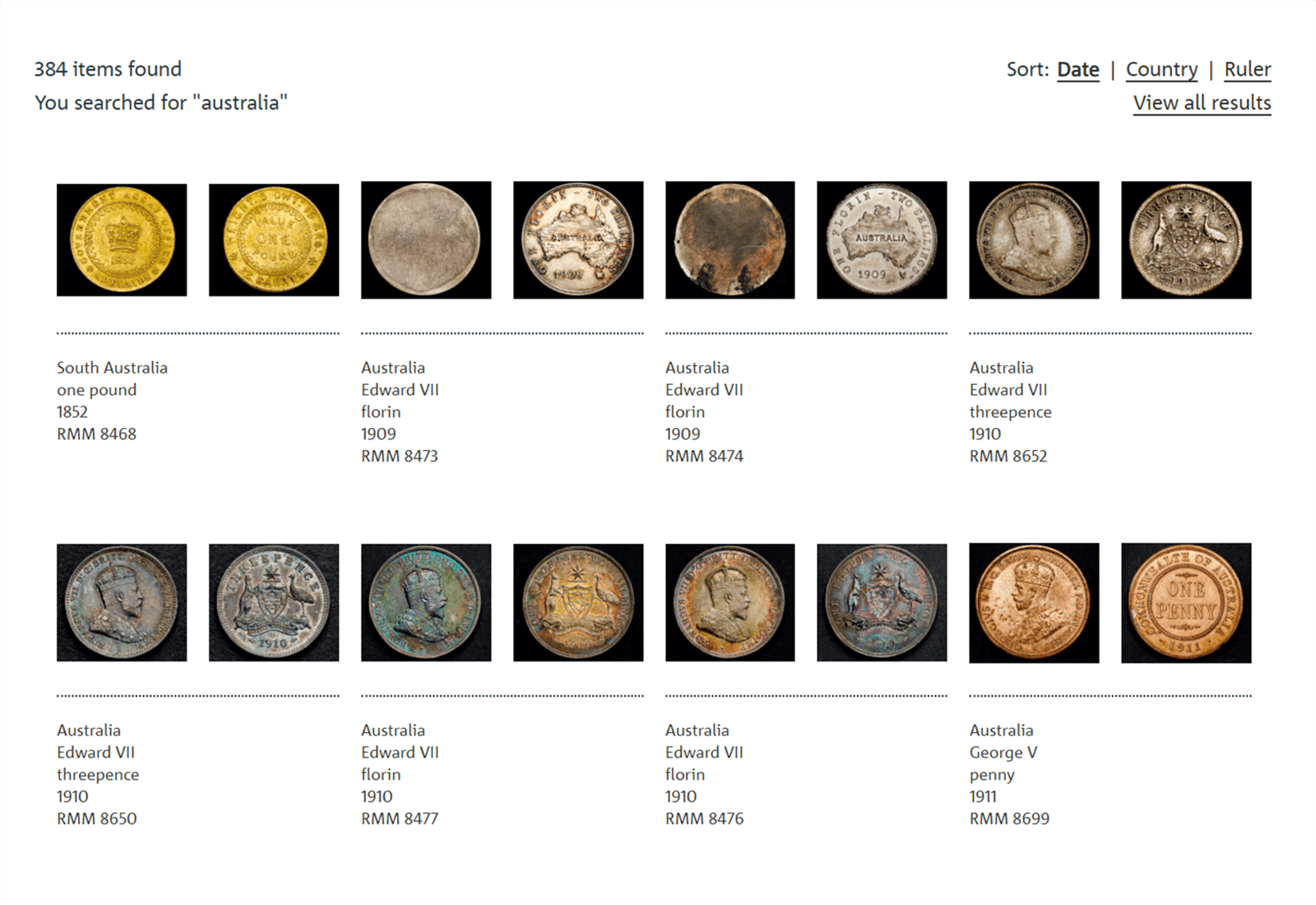 Results page of the Royal Mint Museum Collection Online
