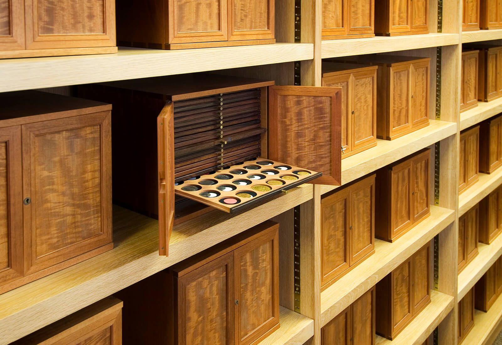 Wooden coin cabinets in the Royal Mint Museum