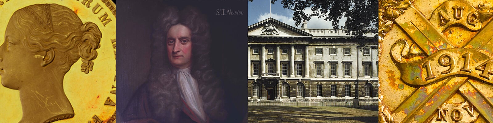 A series of images including, a gold coin from the reign of Queen Victoria, a painting of Isaac Newton, a photograph of the Royal Mint building in London and a close up of a campaign medal