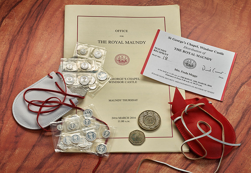 A collection of documents, letters, tickets and coins collected by Mrs Freda Meggs when she attended the Royal Maunday service in 2016