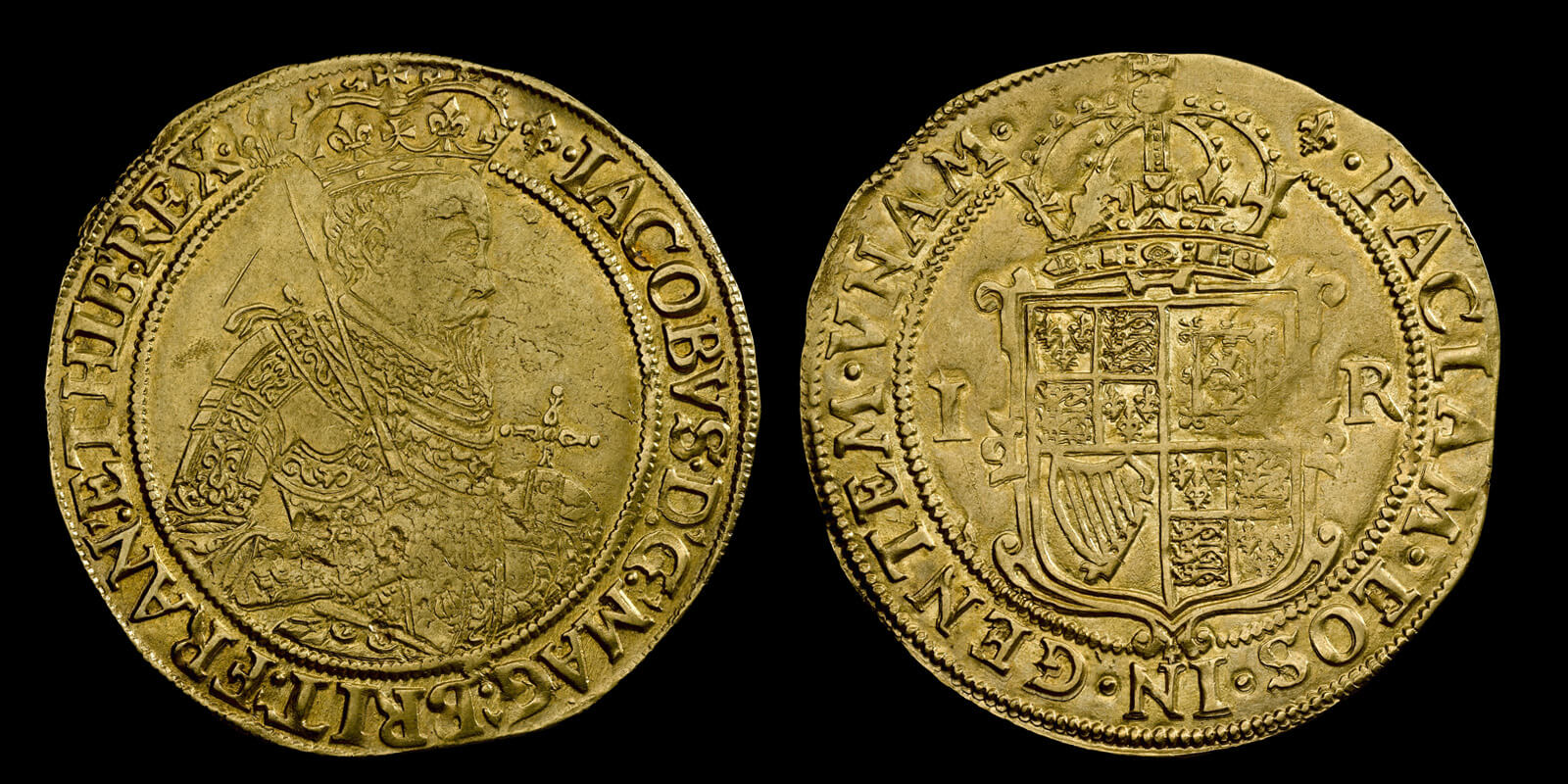 A large gold coin. James I unite